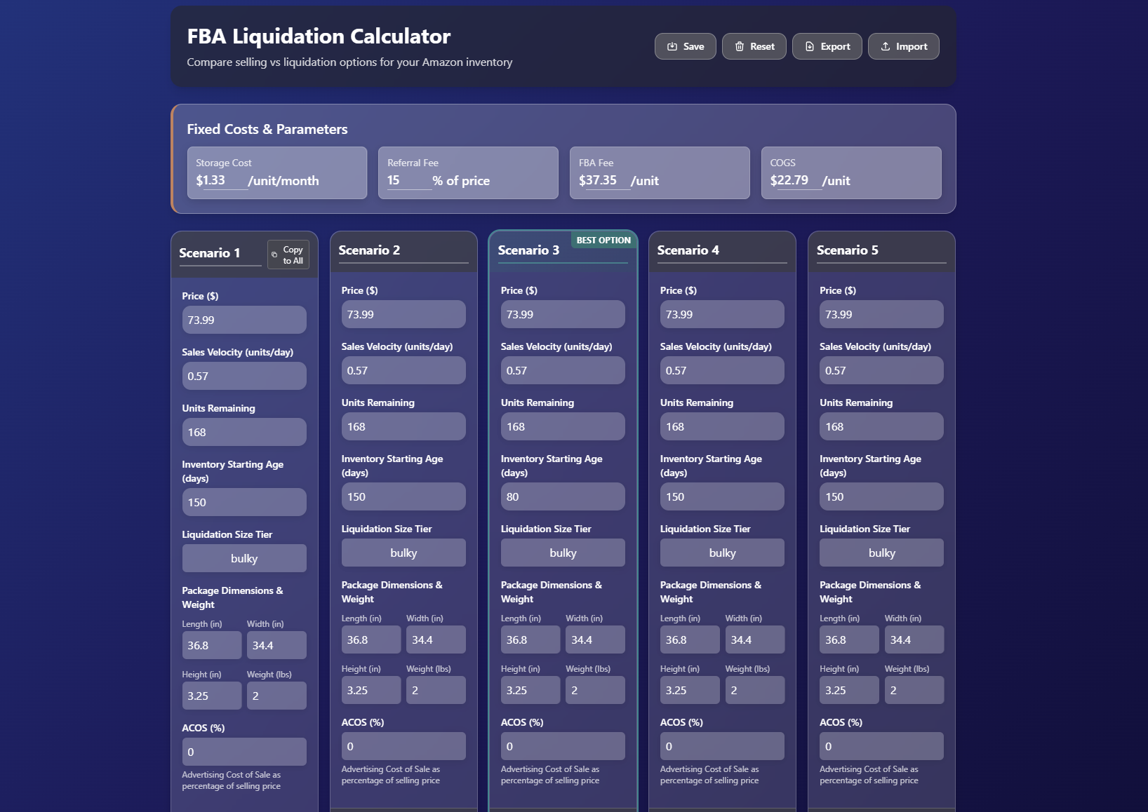 FBA Liquidation Calculator Screenshot